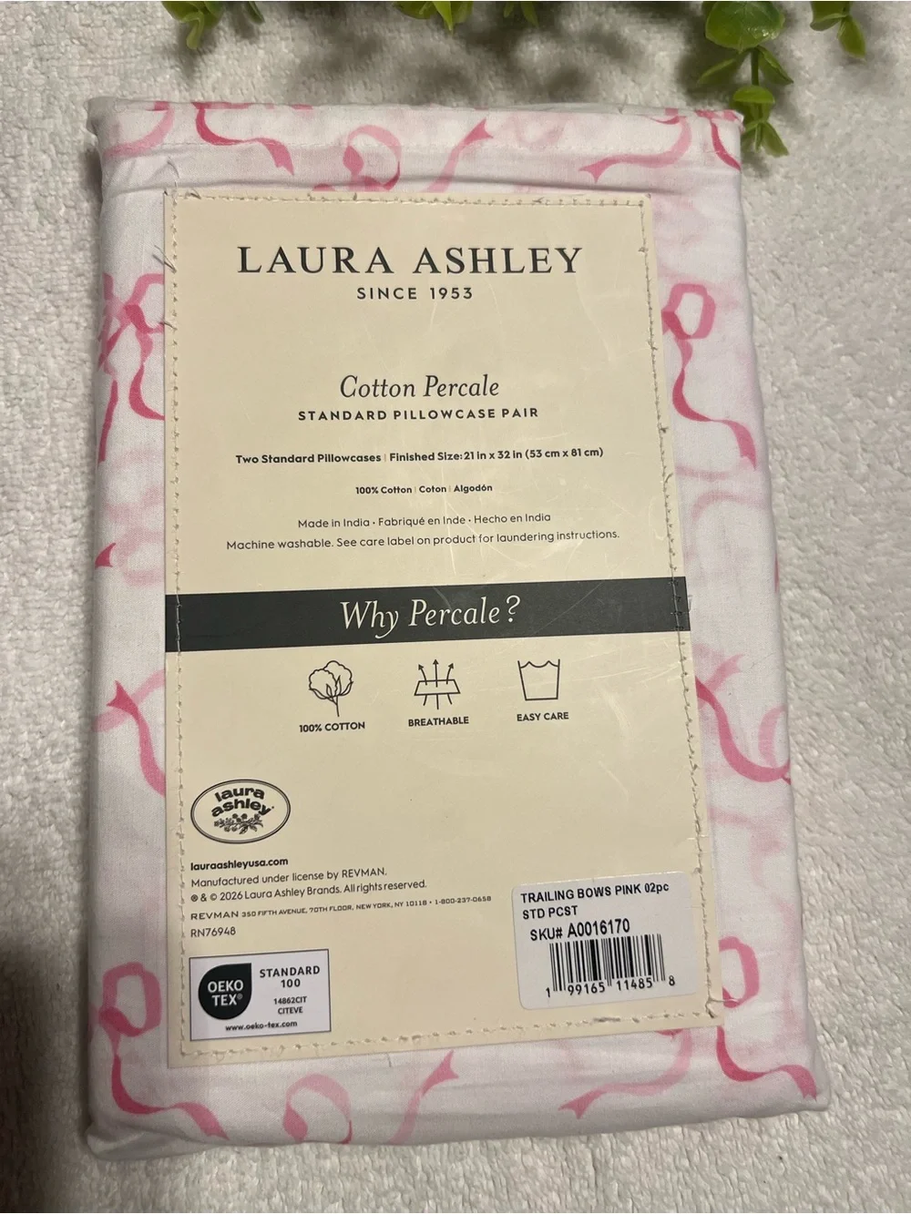 Laura Ashley Pillowcase Pair Trailing Bows Pink NWT Cotton Percale
